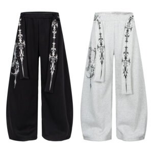 Retro Street Graffiti Belted Loose Fleece Knife Pants Unisex Casual Streetwear