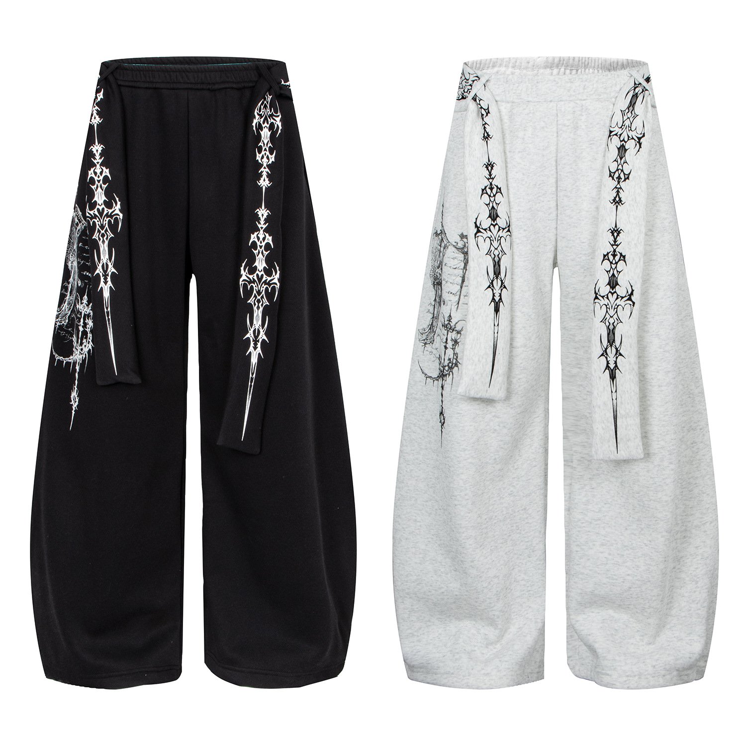 Retro Street Graffiti Belted Loose Fleece Knife Pants Unisex Casual Streetwear